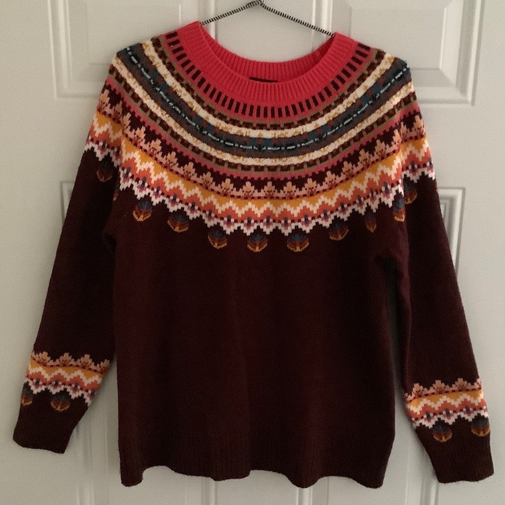 Talbots | Burgundy Fair Isle Yoke Crewneck Sweater Cozy Casual  Cabincore Sz M